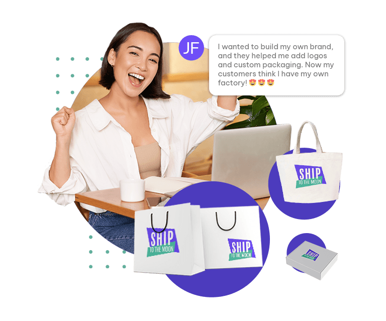 Entrepreneur celebrates building a brand with "Ship To The Moon" custom packaging (bags, boxes with logo)