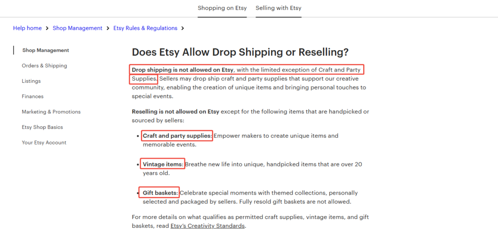 Policy about Etsy Dropshipping