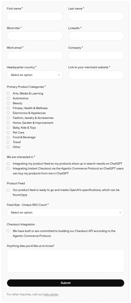 Merchant application form OpenAI
