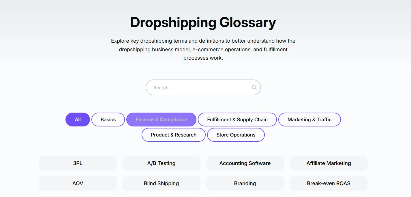 Dropshipping Glossary page