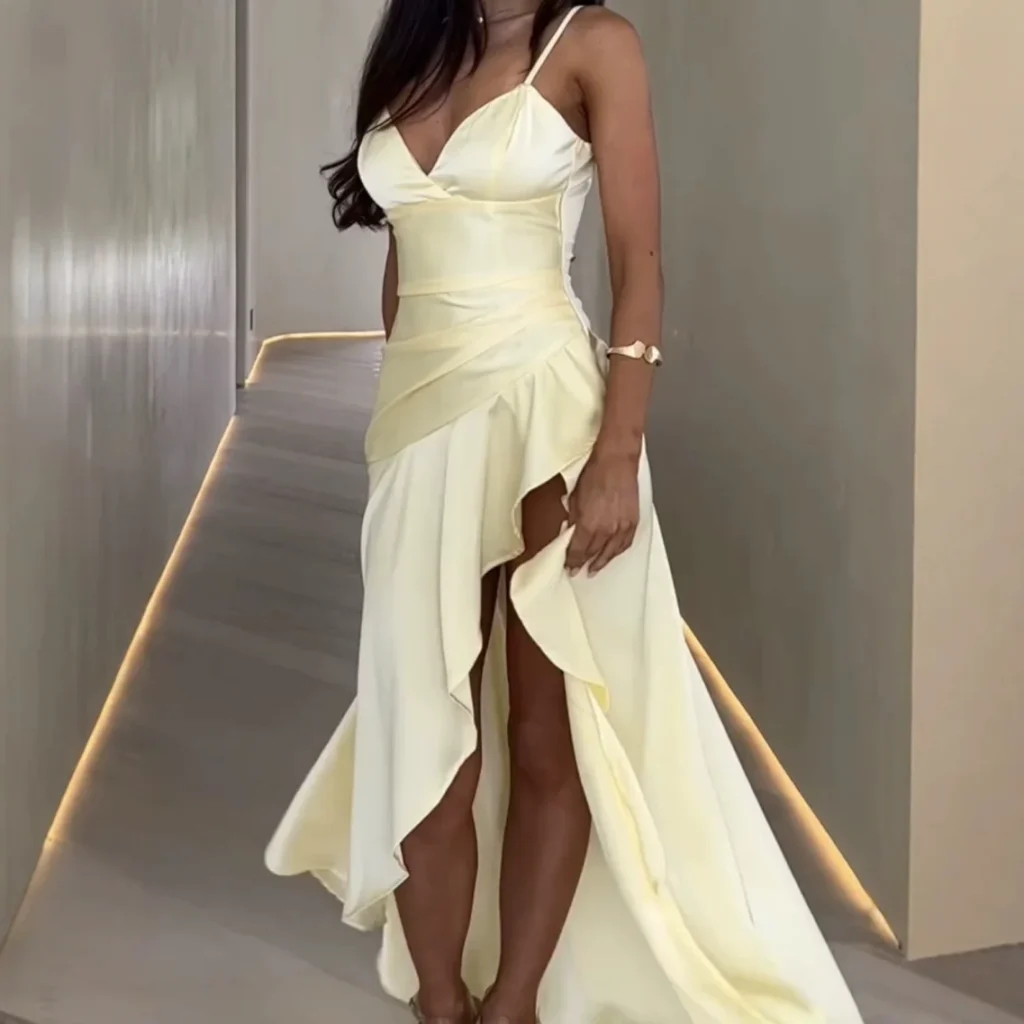 Canary Yellow V-Neck Asymmetrical Ruffle Maxi Dress