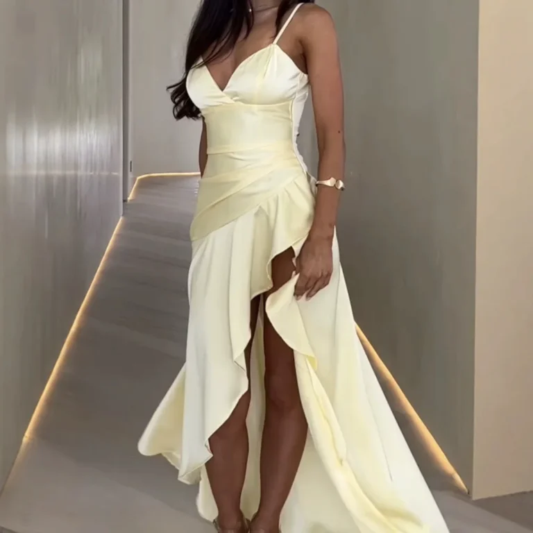 Canary Yellow V-Neck Asymmetrical Ruffle Maxi Dress