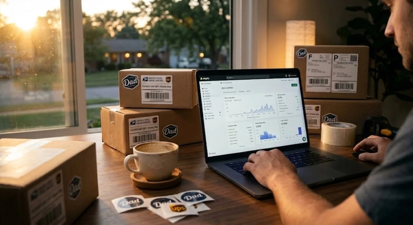Ecommerce entrepreneur workspace during Father's Day sales season