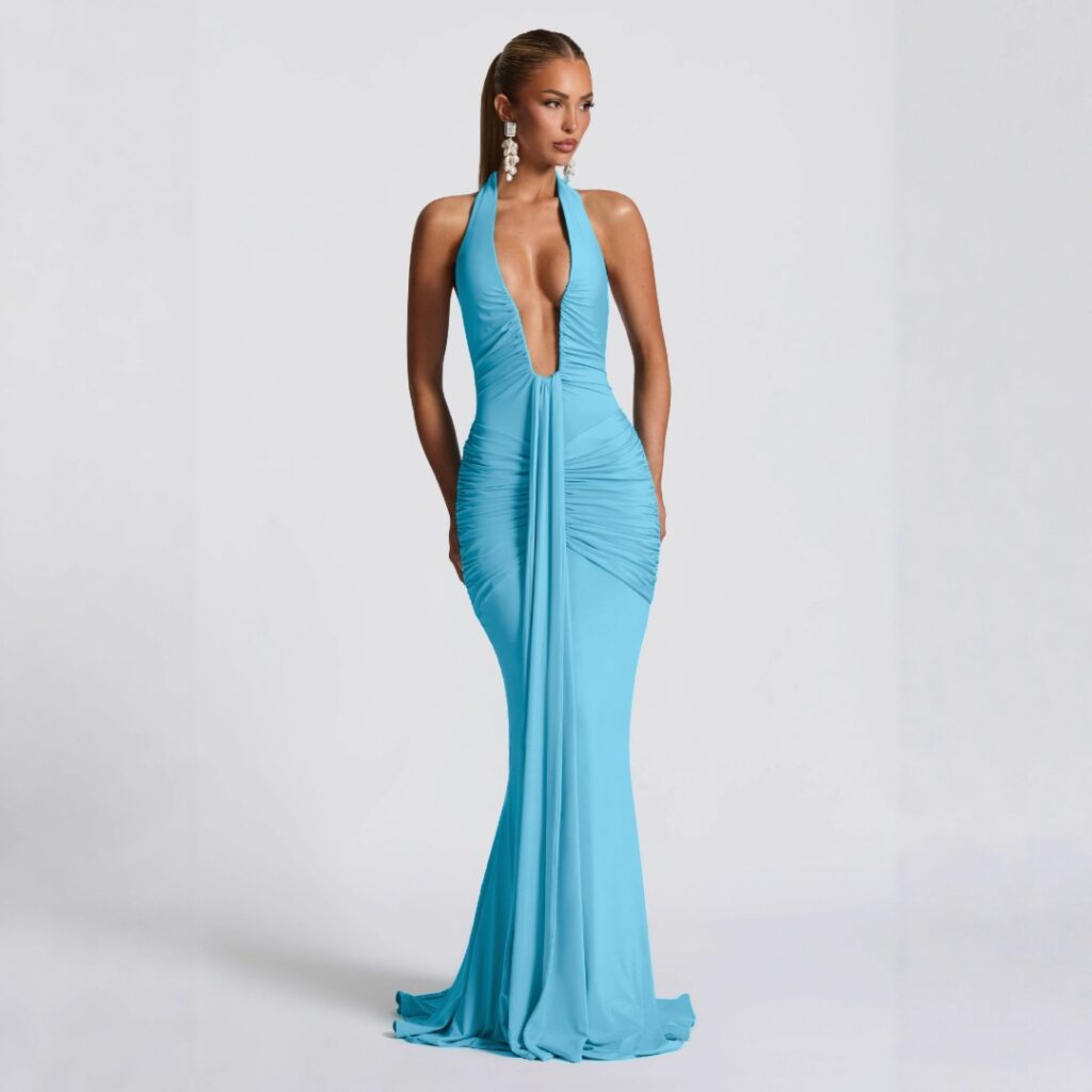 Plunging U-Wire Ruched Halter Maxi Dress with Draped Front