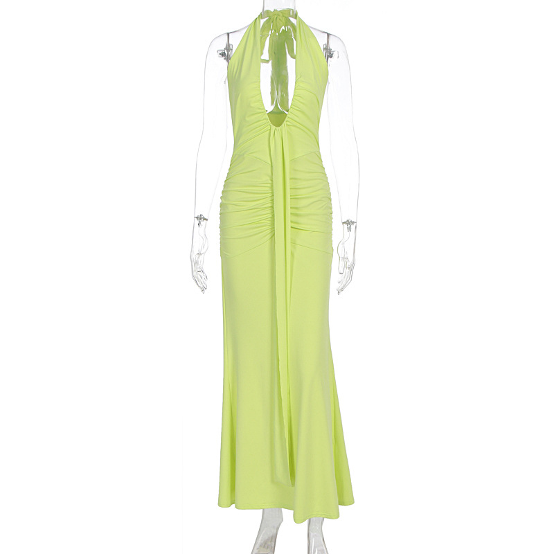 Plunging U-Wire Ruched Halter Maxi Dress with Draped Front