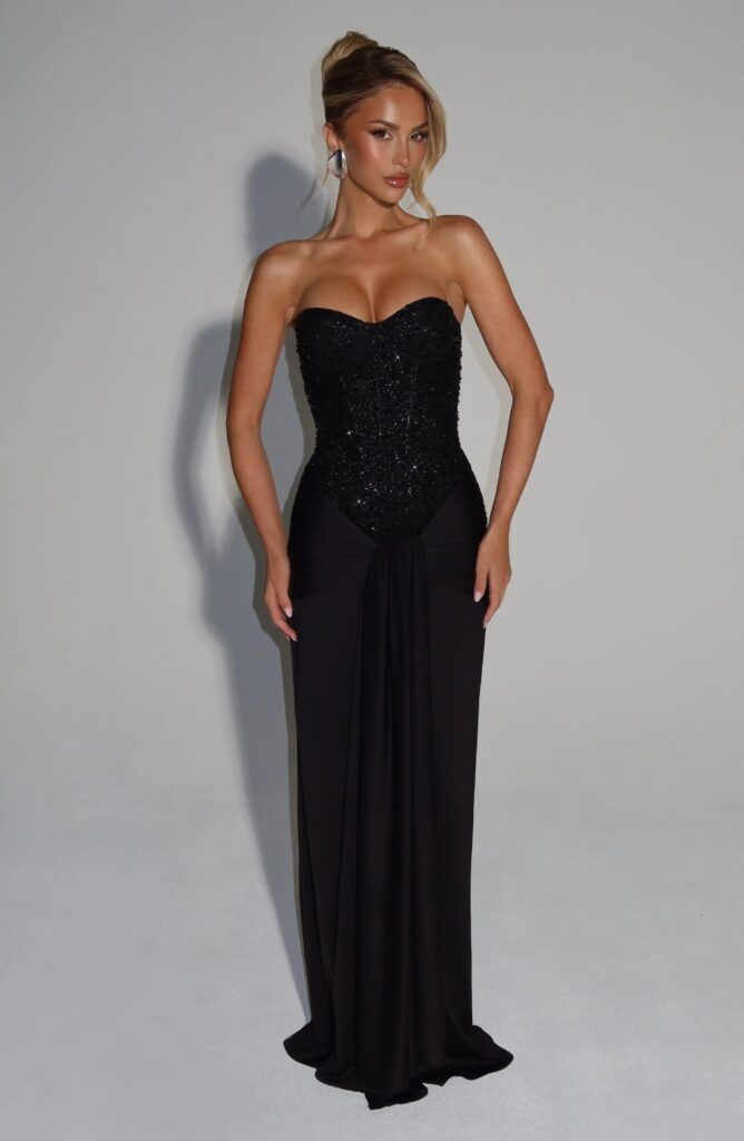 Sequin & Satin Jersey Ruched Bodycon Maxi Dress