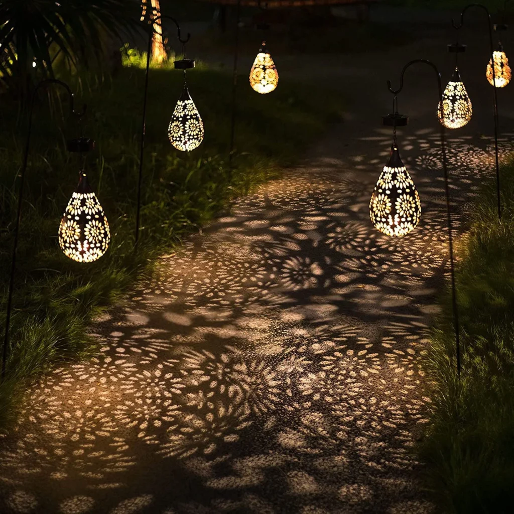 Wrought Iron Waterproof Floral Solar Garden Lantern with Motion Sensor