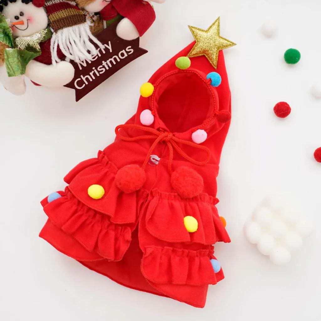 Christmas Tree Pet Cape Festive Dog Cat Christmas Cloak with Star & Pom Poms