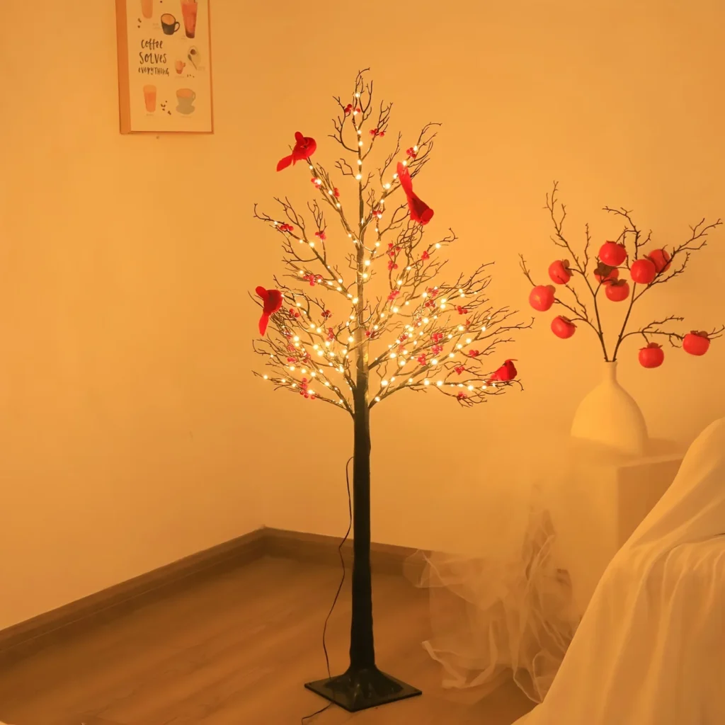 LED Birch Tree Light With Red Cardinal Birds