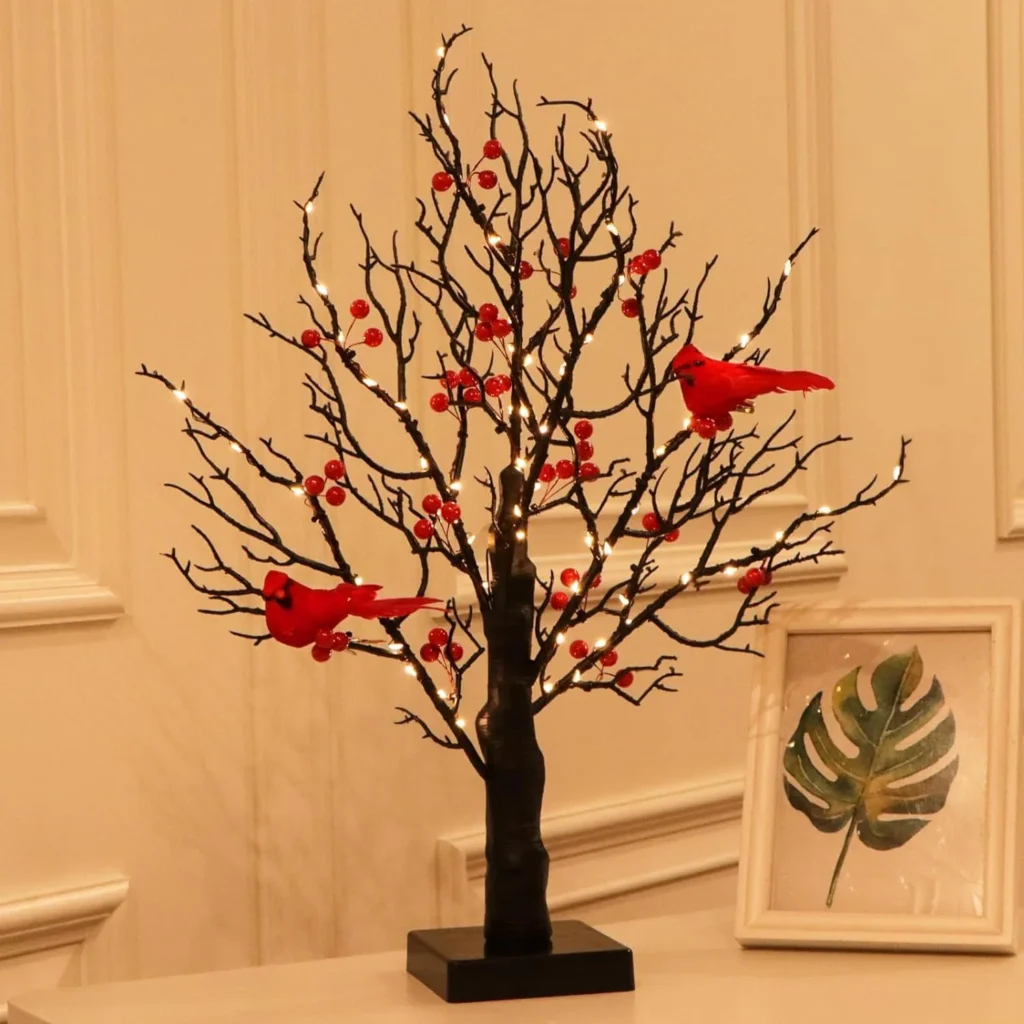 LED Birch Tree Light With Red Cardinal Birds